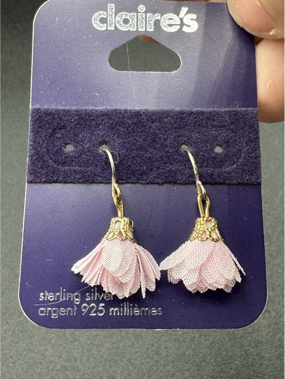 Claire’s 925 Sterling Silver Pink Flower Drop Dangle Earrings NWT